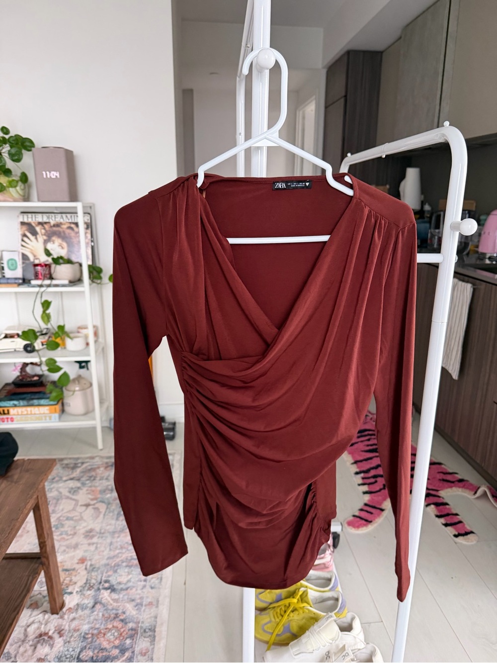 Zara Rust Draped Long-Sleeve Cowl Neck Top